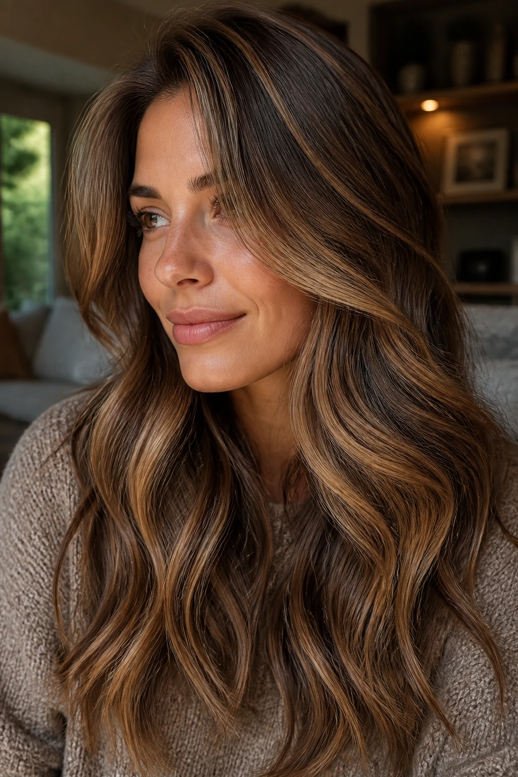 Close-up portrait of a real woman with chestnut base and creamy ribbons