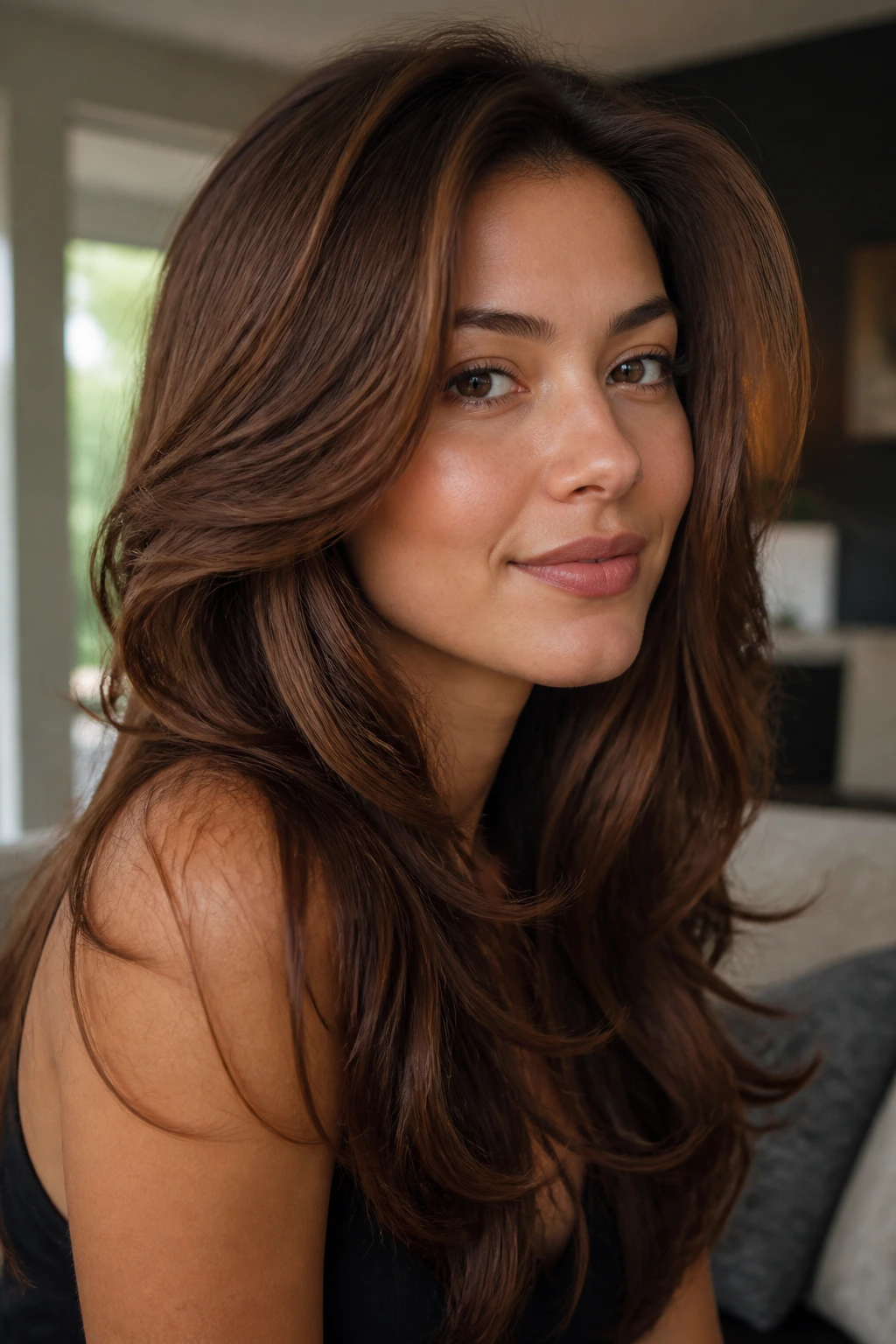 Close-up of chestnut layered hair with a soft bend on a real woman.