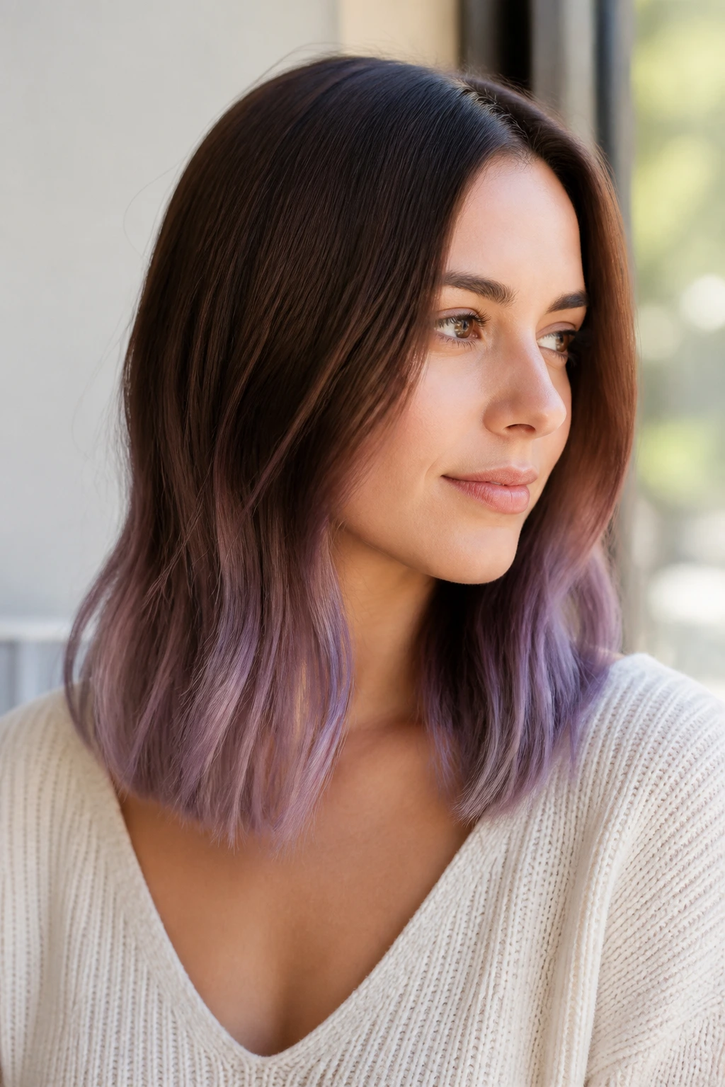 Close-up portrait of a real woman with shoulder-length chestnut hair and smoky lilac tips, natural window light