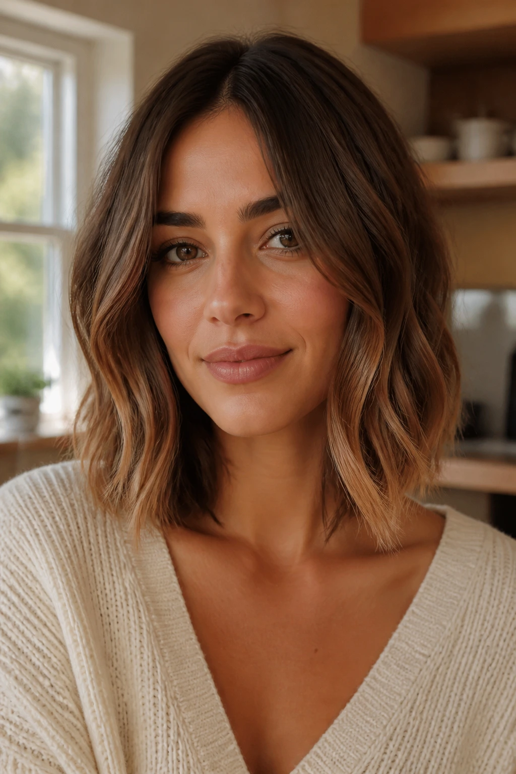 Real woman with chestnut lob and soft ombré in warm window light.