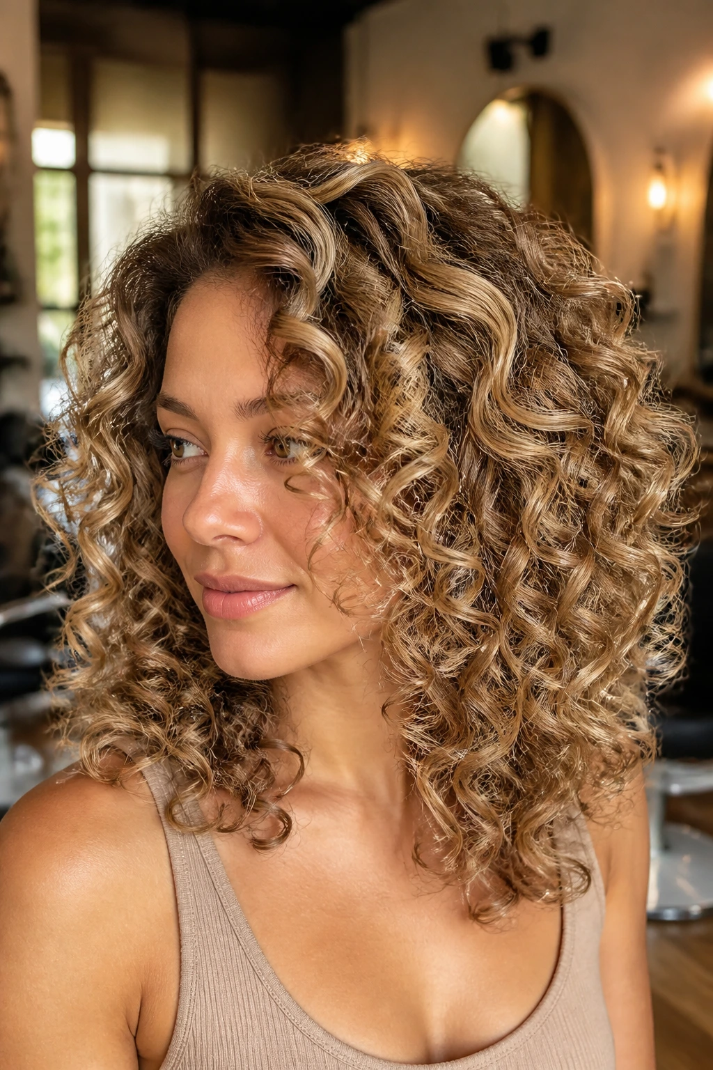 Close-up portrait of real woman with chestnut lowlight blonde curls and dark ribbons weaving through.