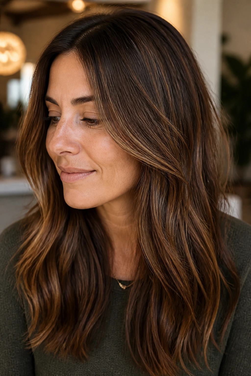 Close-up of chestnut lowlights with sparse highlights in real hair