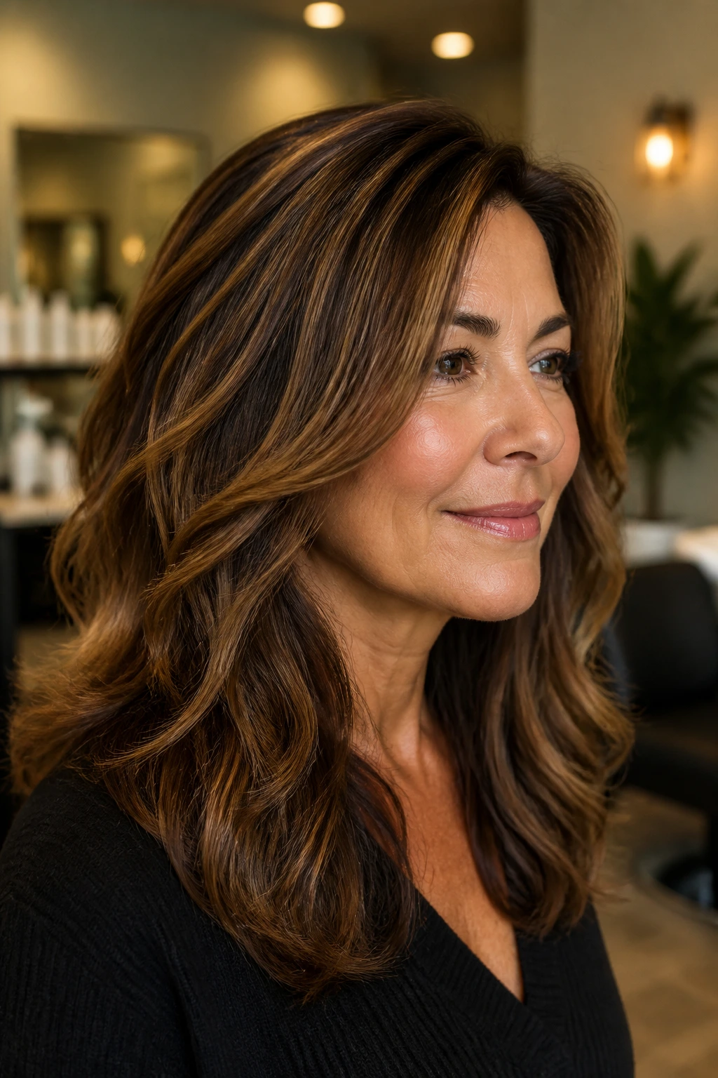 Real woman with chestnut and mocha lowlights for depth