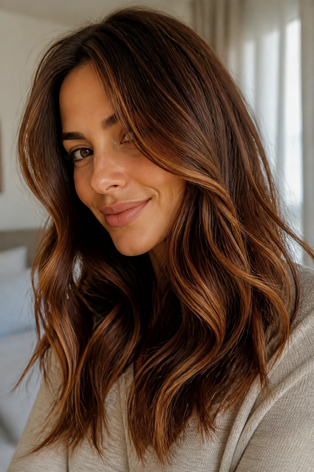 Close-up of real woman with Chestnut Mocha Melt showcasing warm chestnut undertones.
