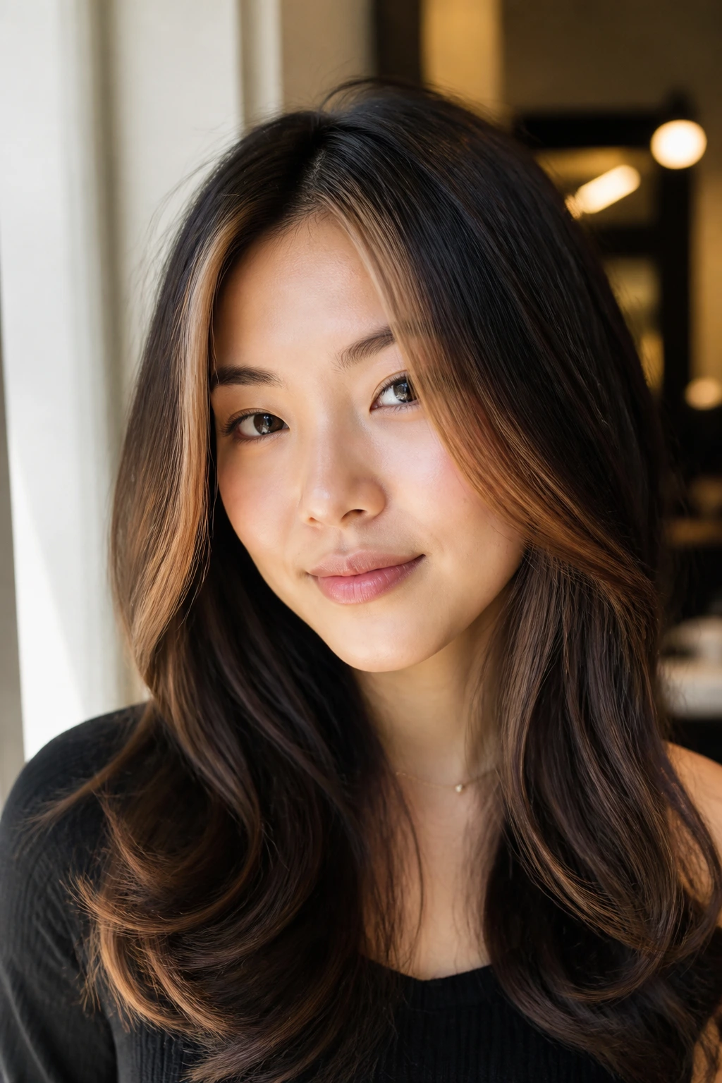 Asian woman with chestnut money piece front highlights
