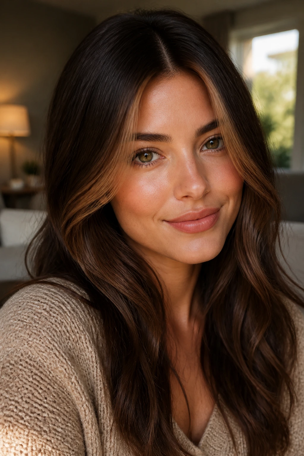 Brunette with chestnut money piece framing cheeks