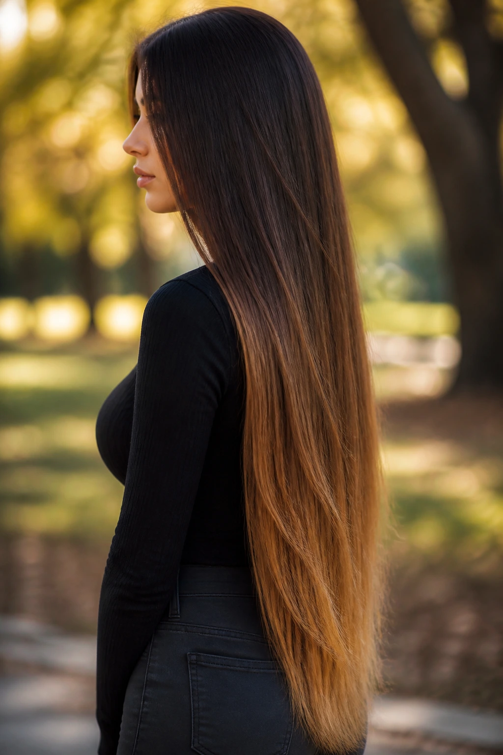 Side-profile of a real woman with chestnut ombre on extra-long straight hair