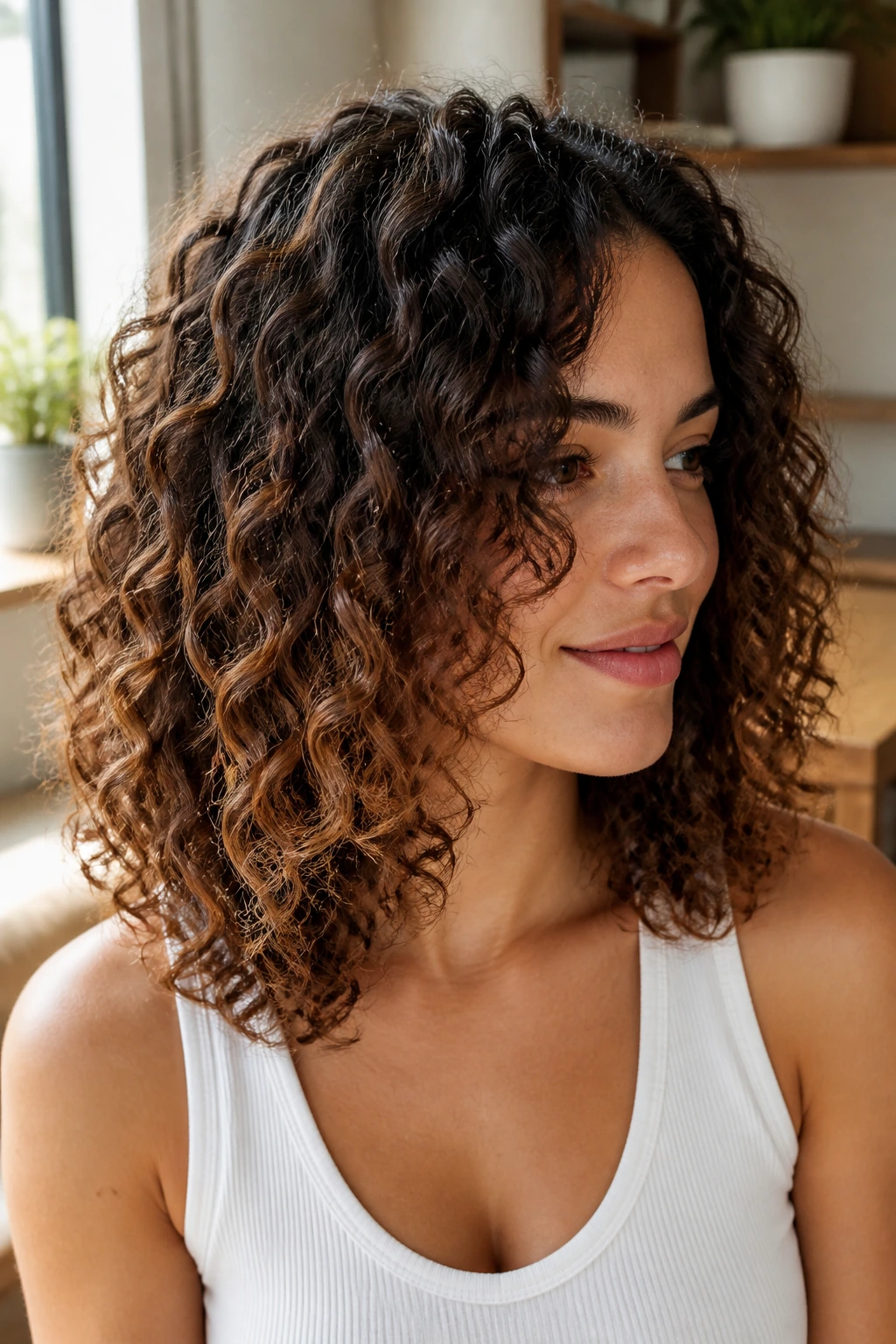 Shoulder-length spirals with chestnut ombré gradient on a real woman