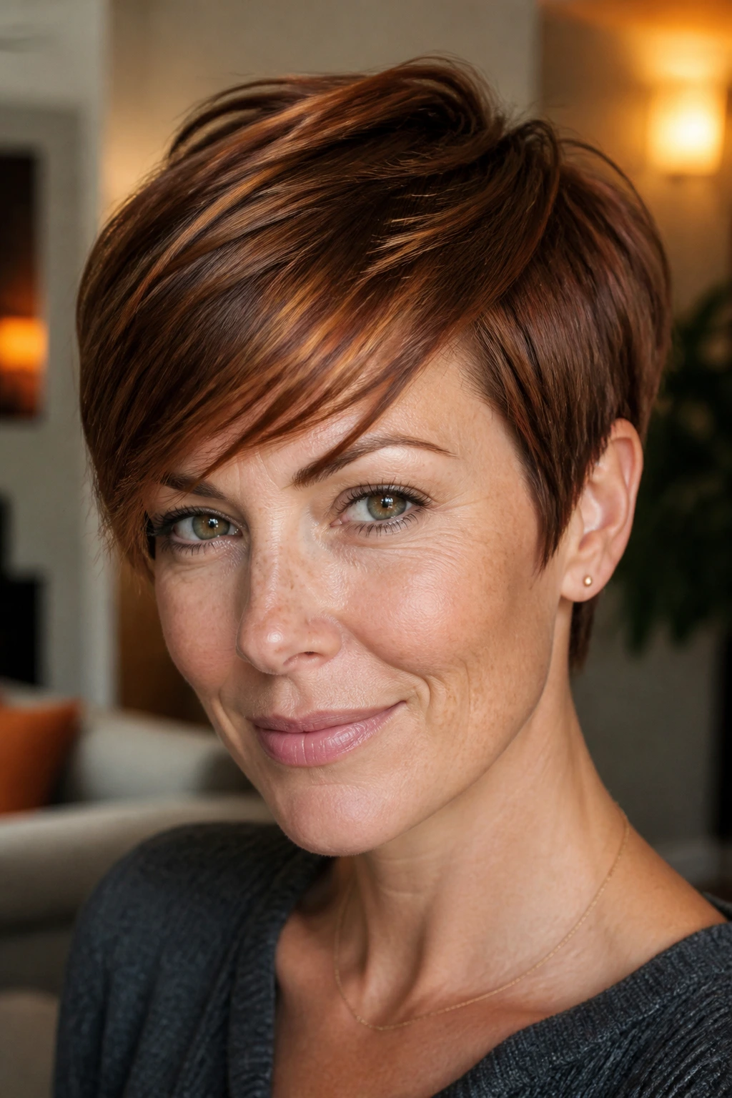 Close-up of chestnut pixie with side-swept fringe in warm lighting