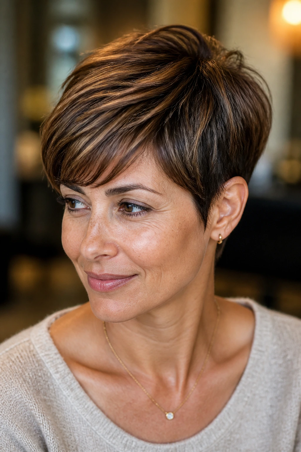 Close-up of real person with chestnut pixie and micro-lights catching light on crown
