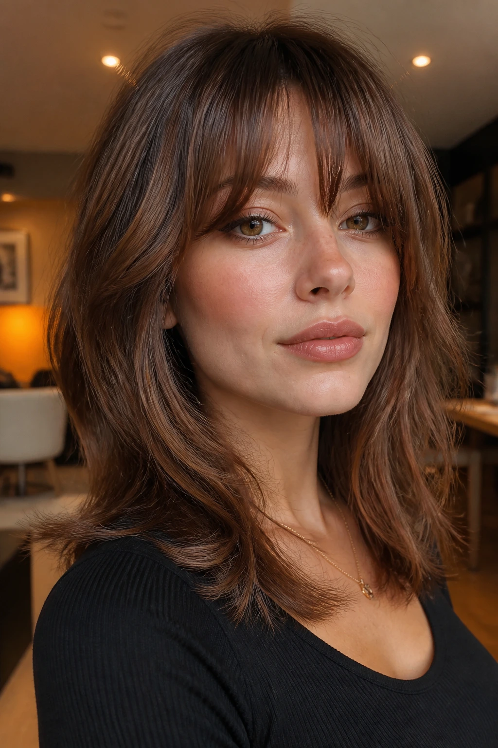 Portrait of a real woman with chestnut razor-cut fringe and airy texture