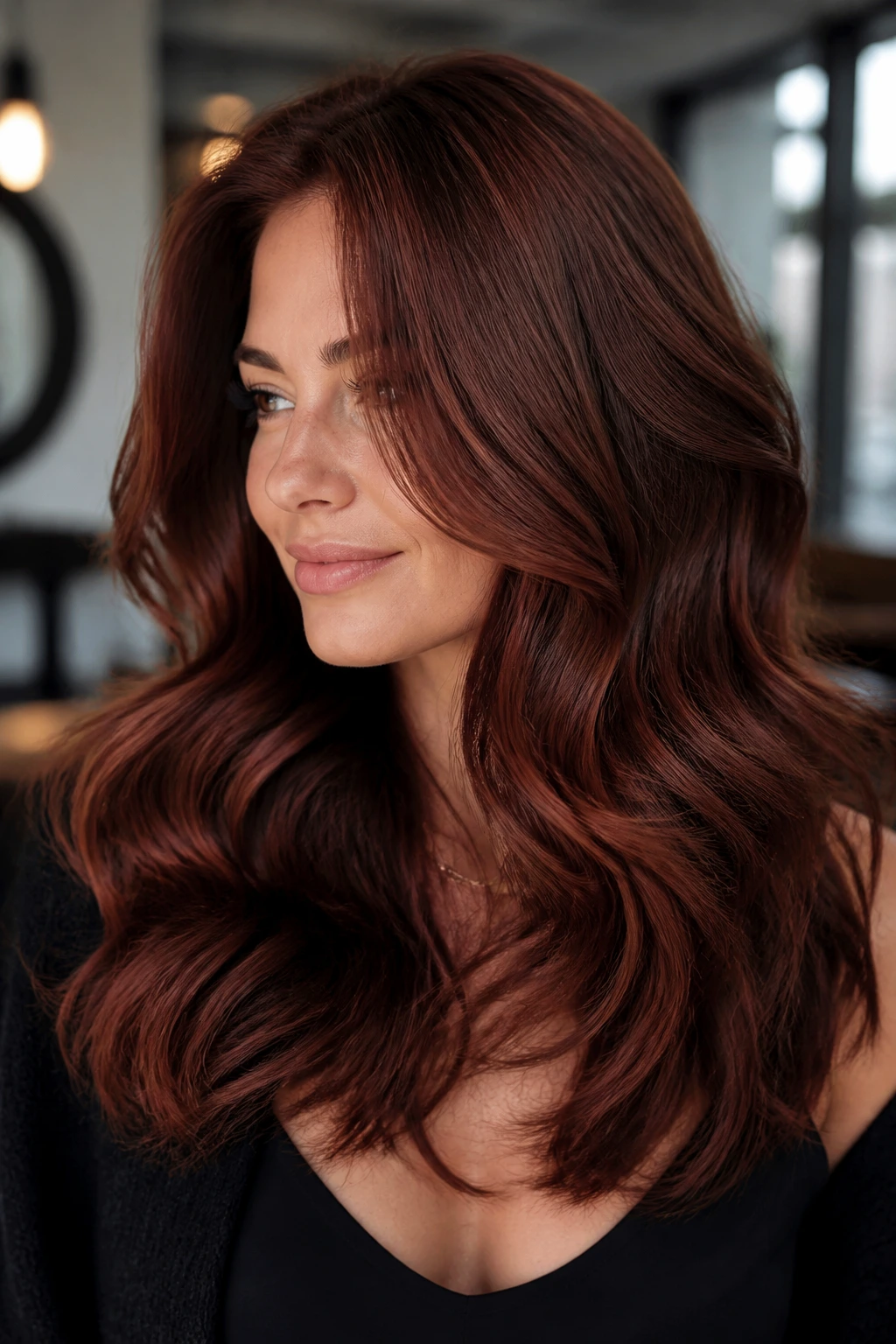 Close-up portrait of a woman with chestnut red gloss and airy layers on thick hair