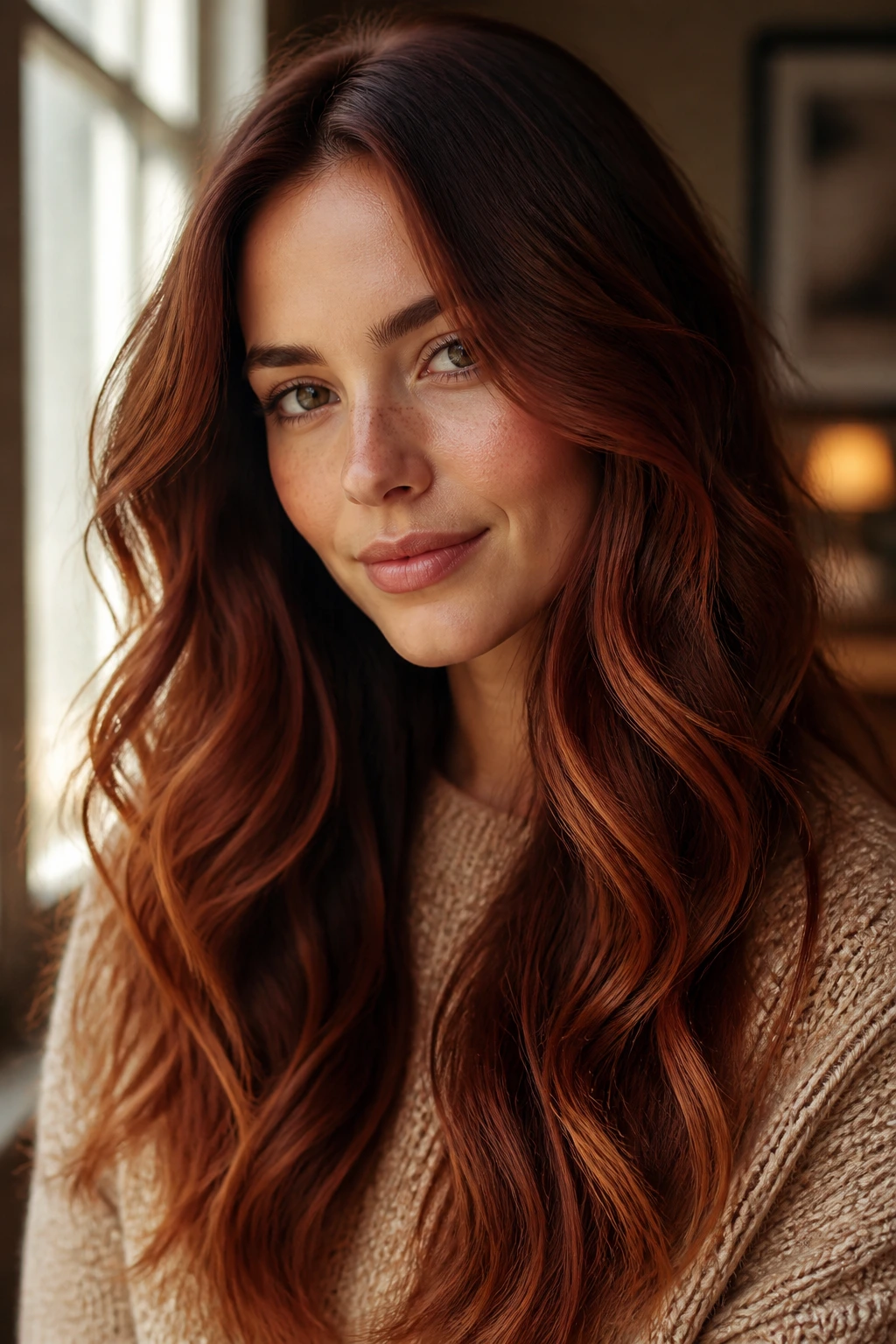 Close-up of a real woman with chestnut-red sombre long waves in warm light