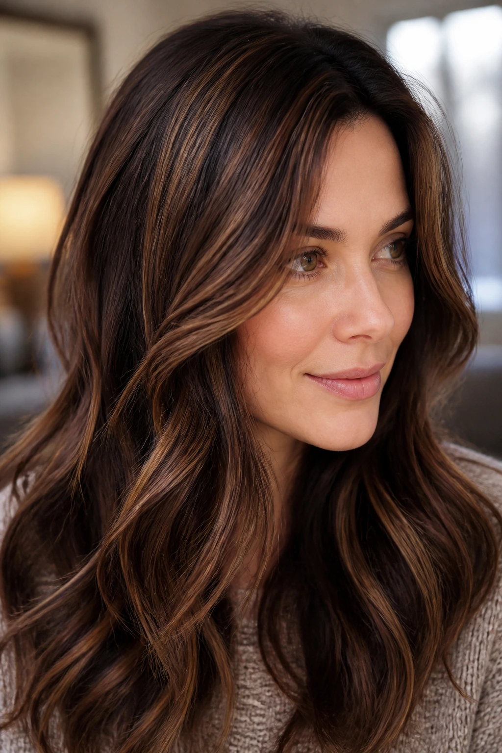 Close-up of brunette hair with chestnut ribbon highlights in winter light