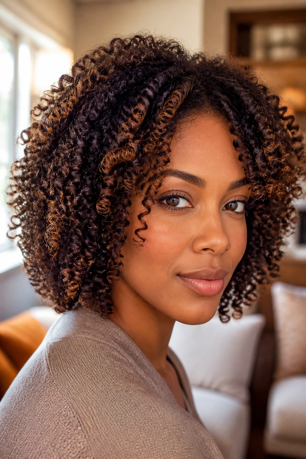 Close-up of chestnut ribbons on tight coils of a real woman