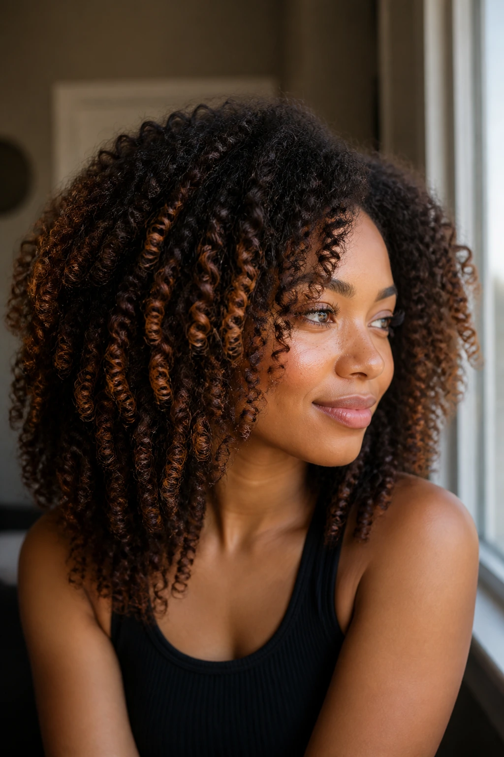 Coily hair with chestnut ribbons highlighting outer coils in natural light.