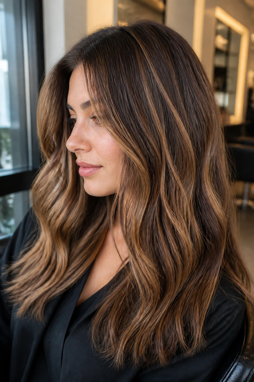 Close-up of a real woman's hair with chestnut base and honey ribbons