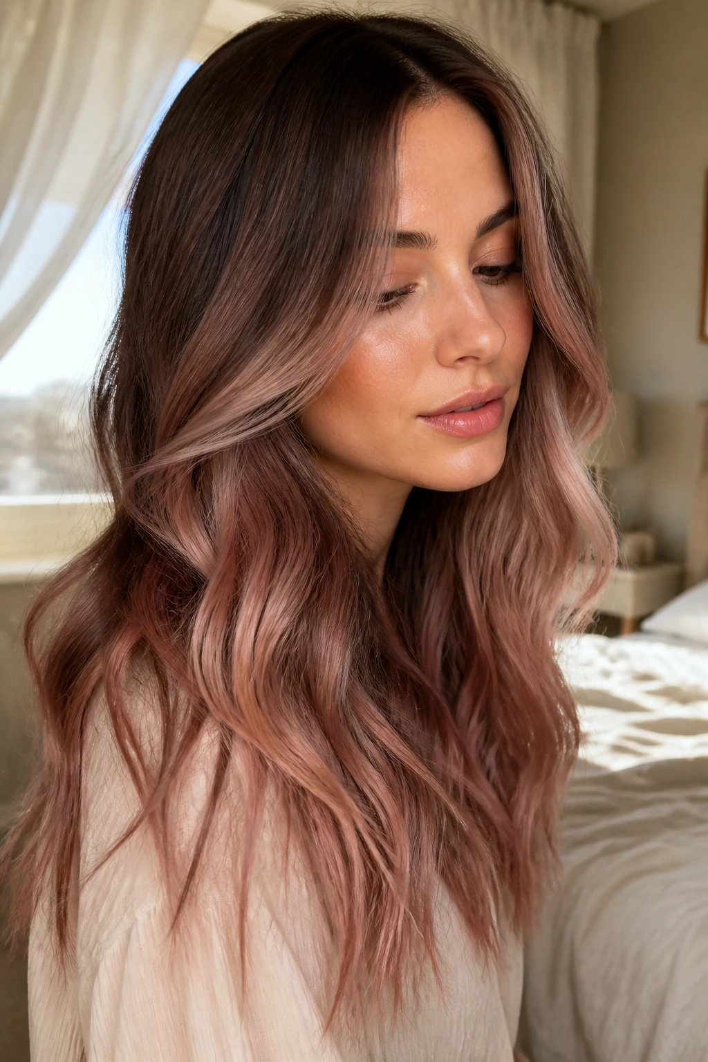 Close-up portrait of a real woman with chestnut roots and rose-gold dust ends