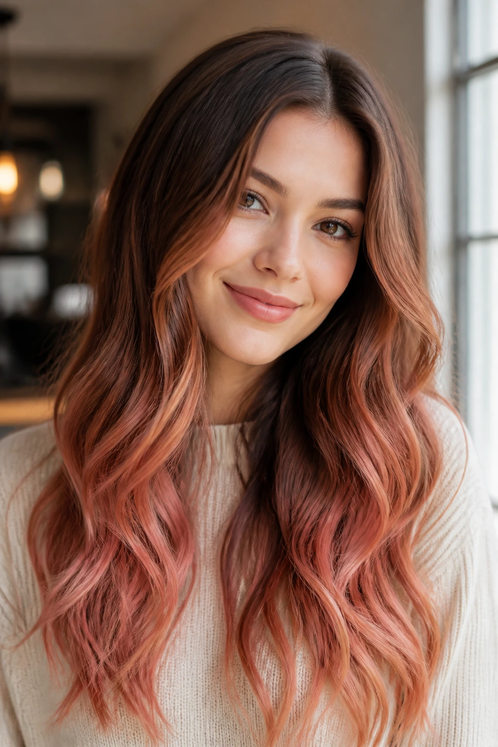 Close-up portrait of chestnut to rose gold ombre on long hair