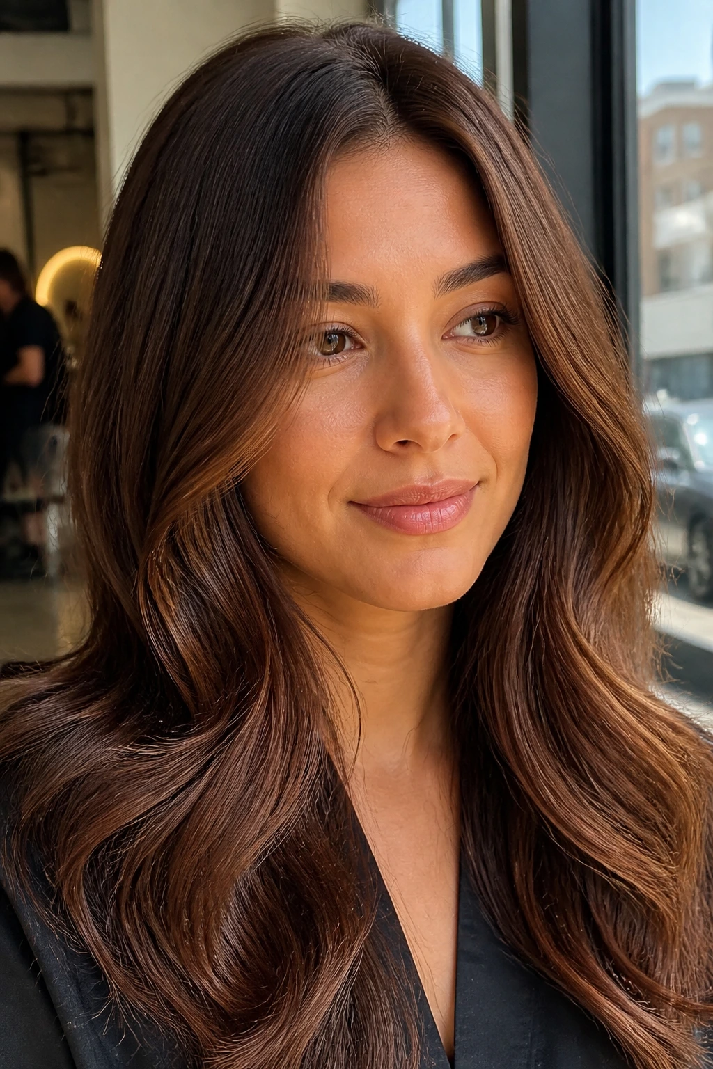 Portrait of a woman with chestnut base hair in soft window light