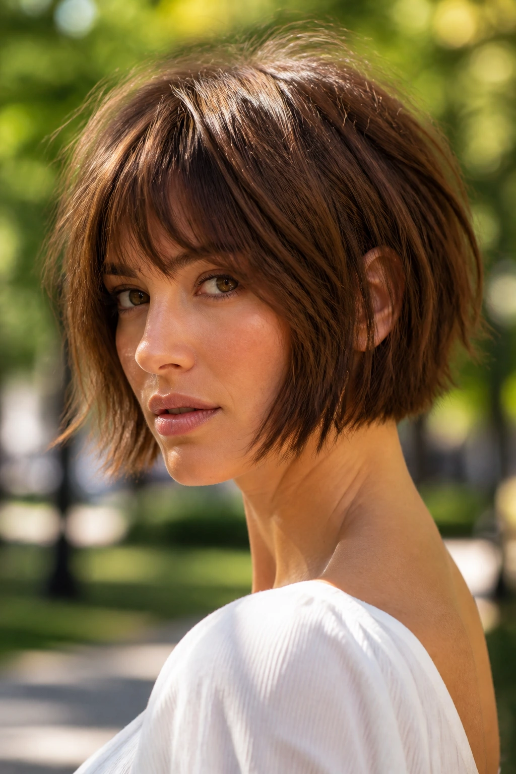 Close-up portrait of a real woman with Chestnut Shag Bob in a park setting