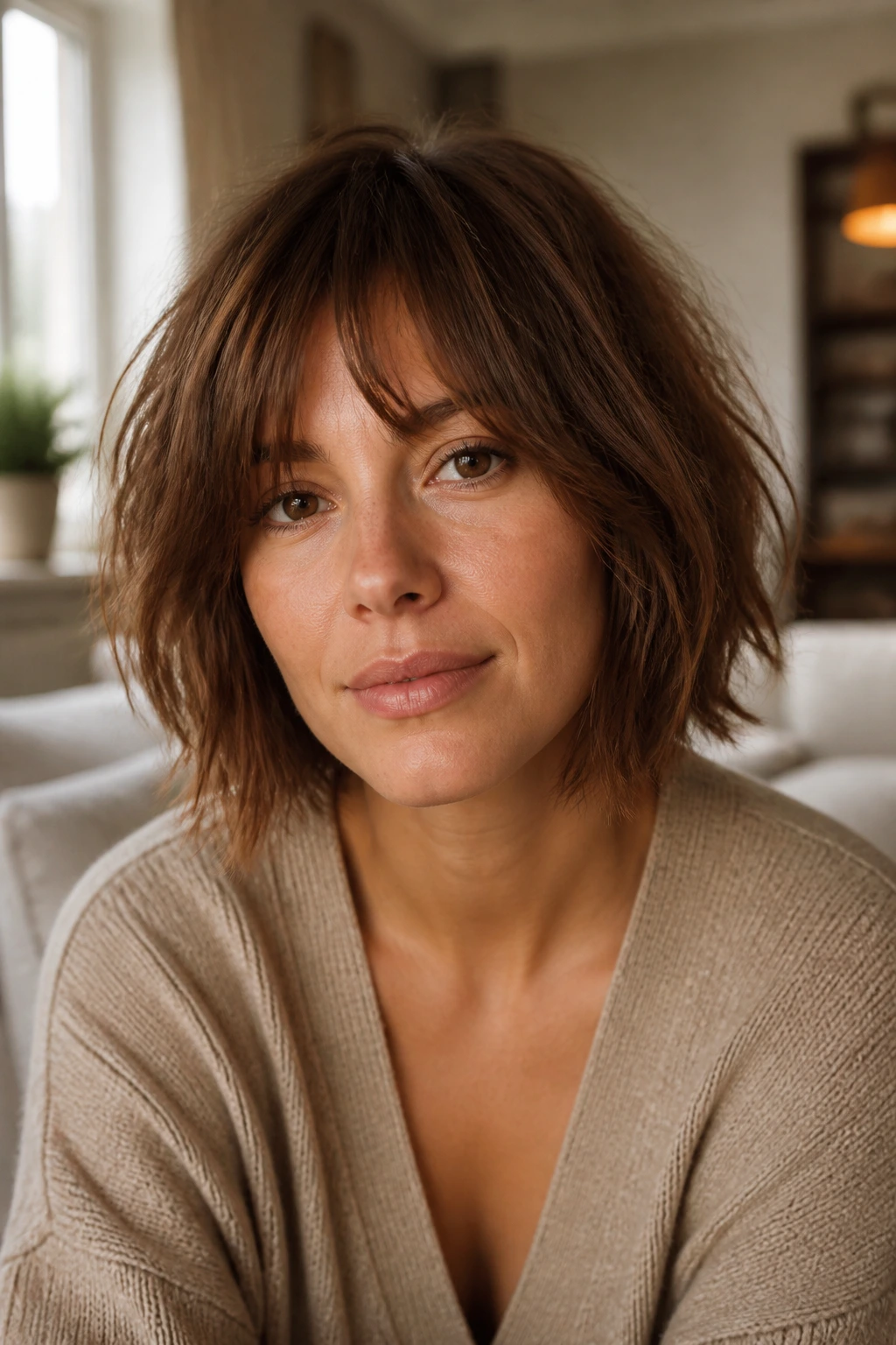 Close-up portrait of a real woman with chestnut shaggy bob and shaggy ends