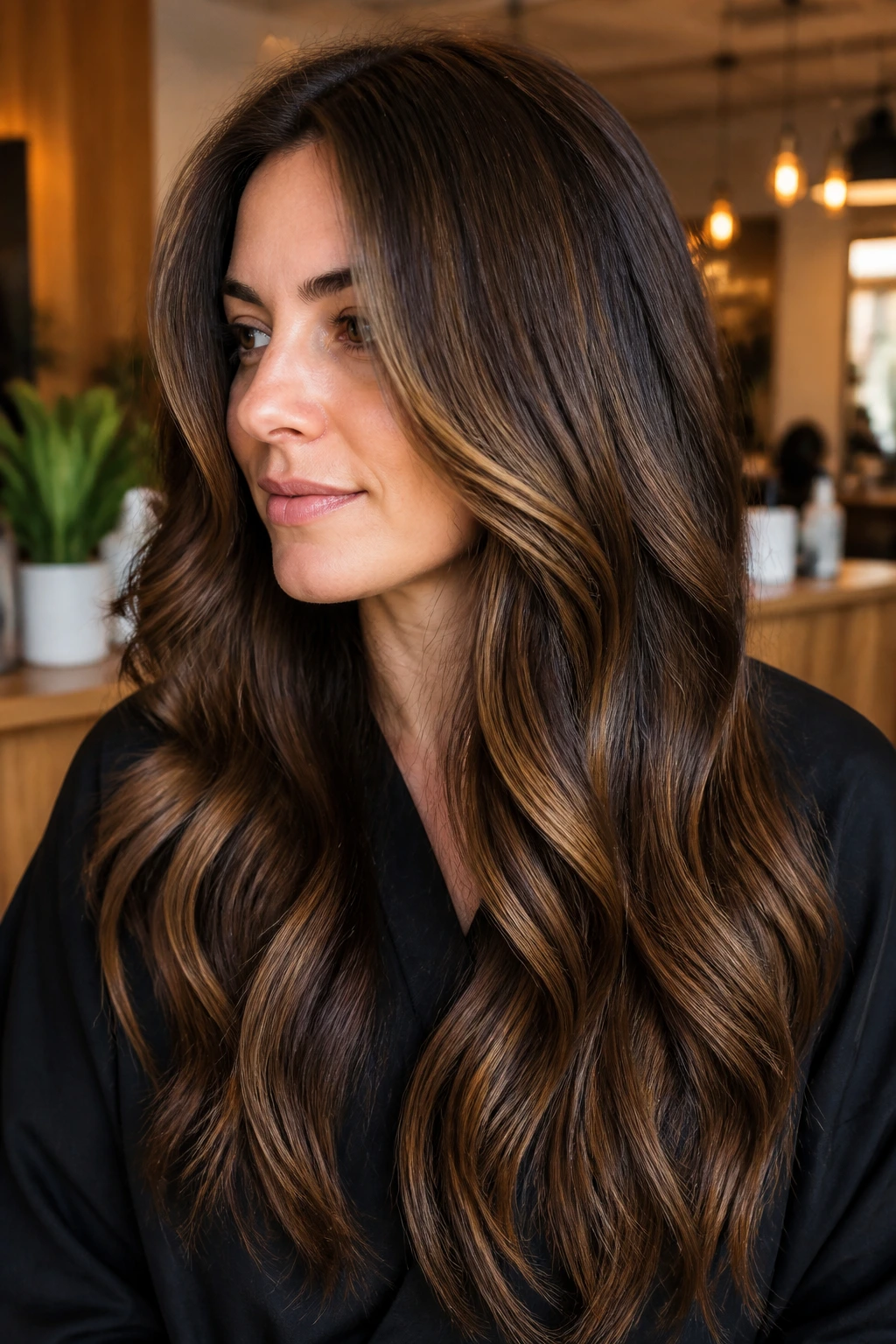 Thick brown hair with chestnut lowlights and toffee ribbons for dimension