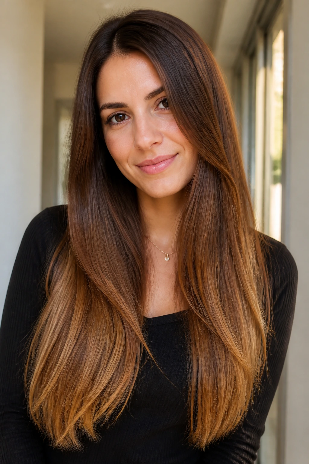 Medium close-up portrait of a real woman with chestnut toffee ombre hair