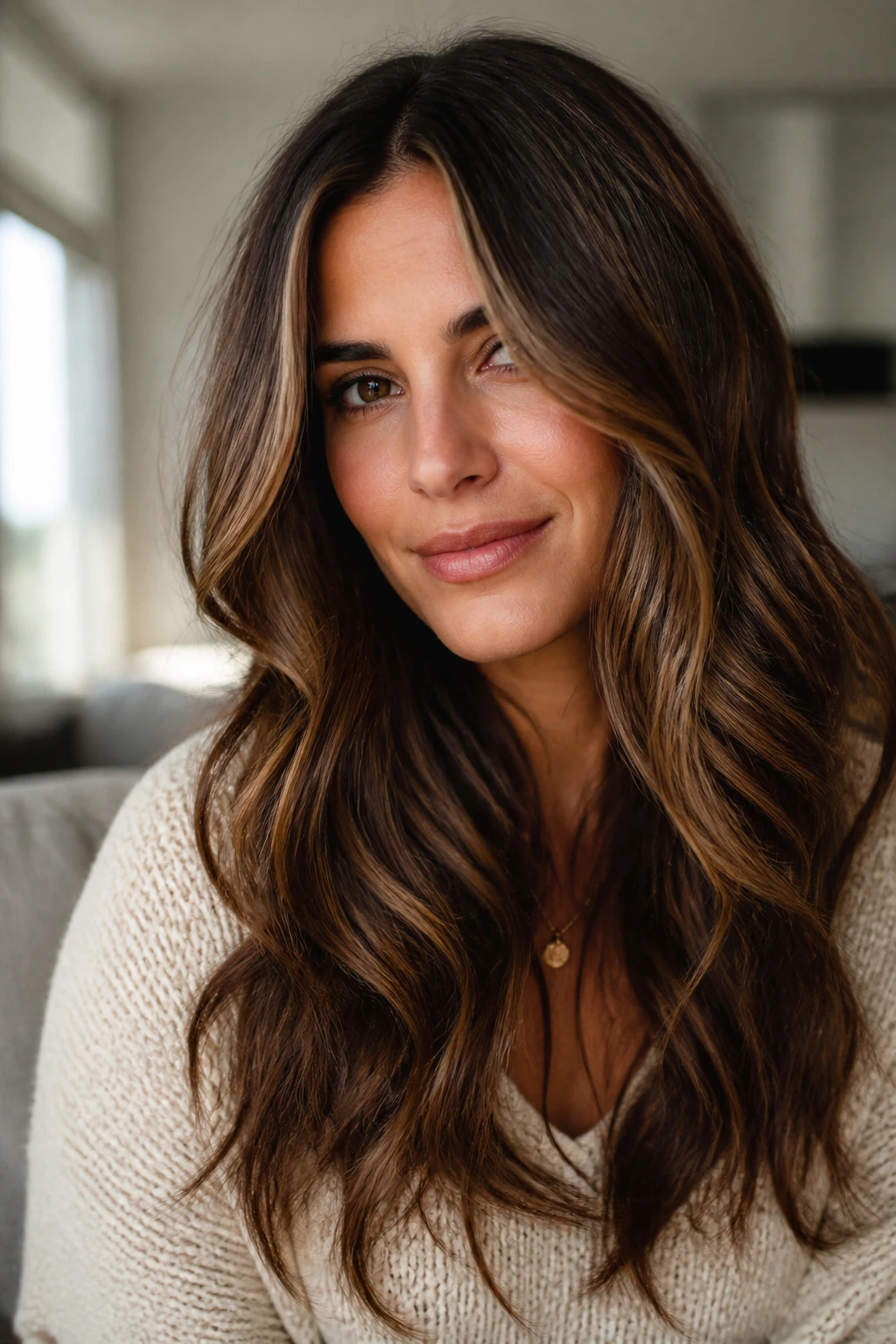 Portrait of chestnut hair showing variations with lighter ribbons