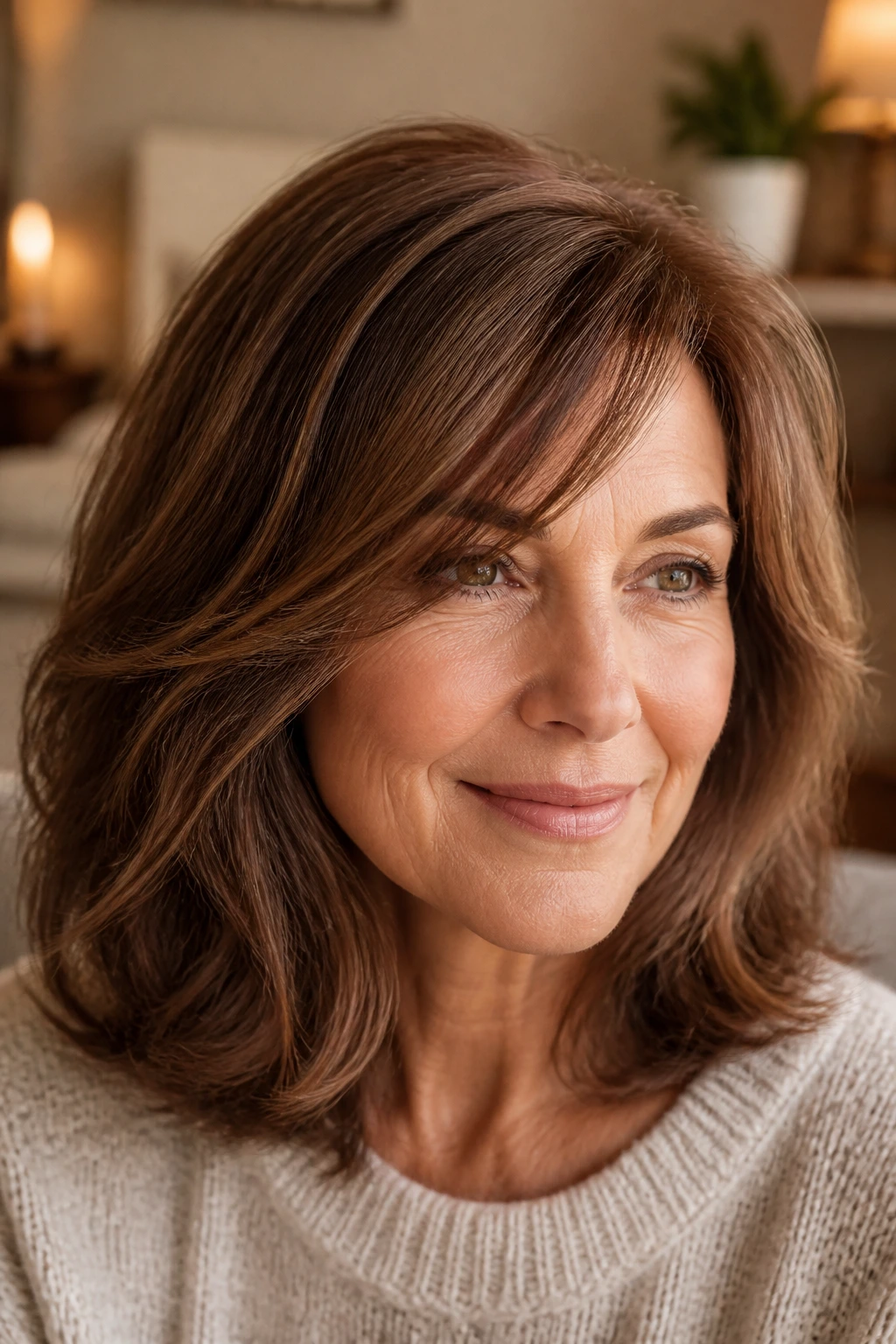Close-up portrait of a real woman with chestnut brown hair showing dimension with lowlights and highlights.