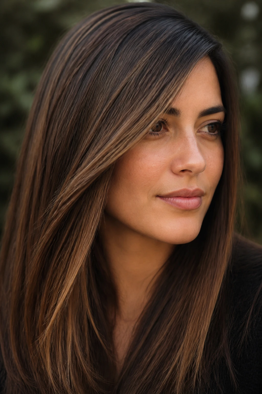 Close-up of real woman with chestnut veil balayage on straight hair