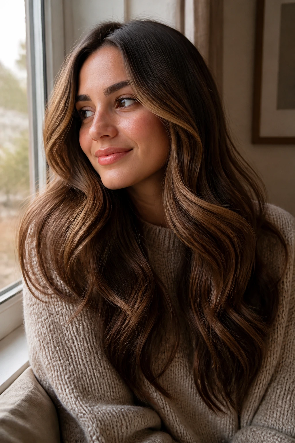 Chestnut waves with face-framing brightness