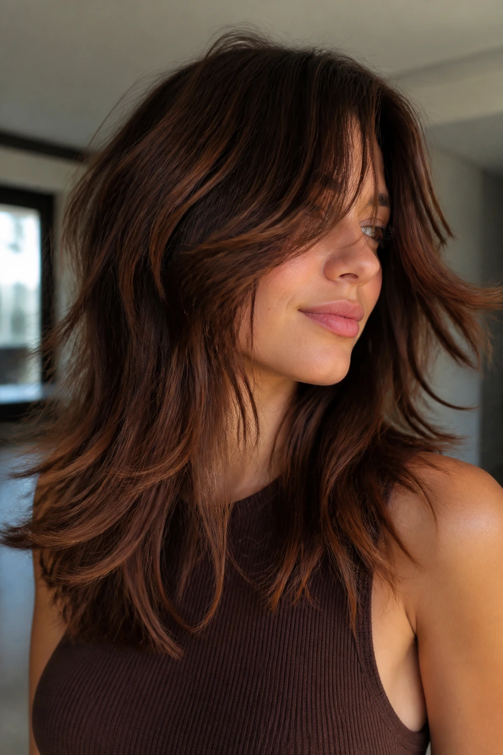 Close-up portrait of a real person with chestnut wolf cut and subtle auburn glow
