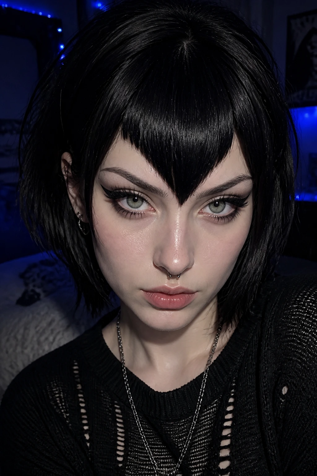 Close-up of a real person with a sharp chevron fringe forming a V shape