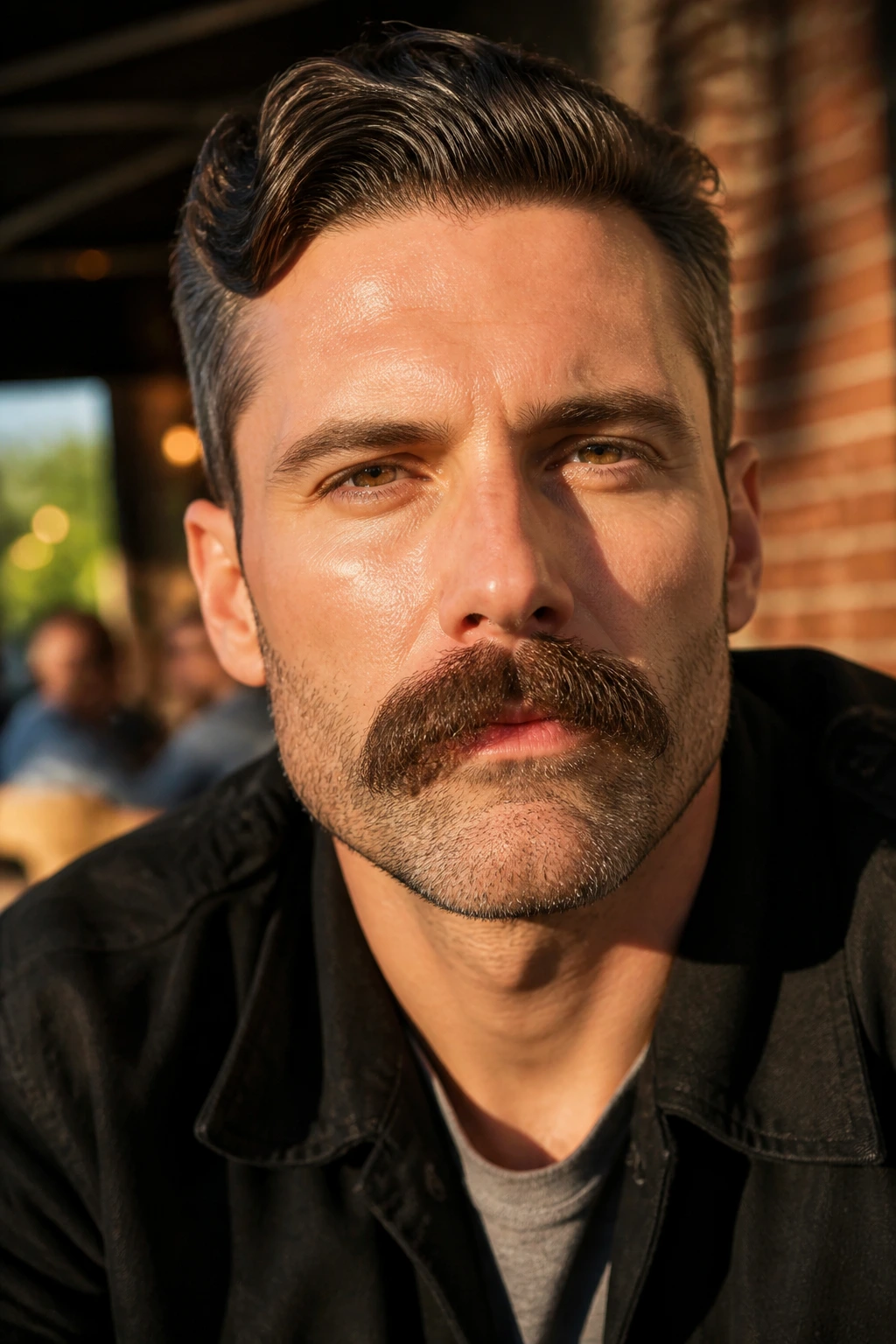 Close-up of a man with a thick chevron mustache and short stubble