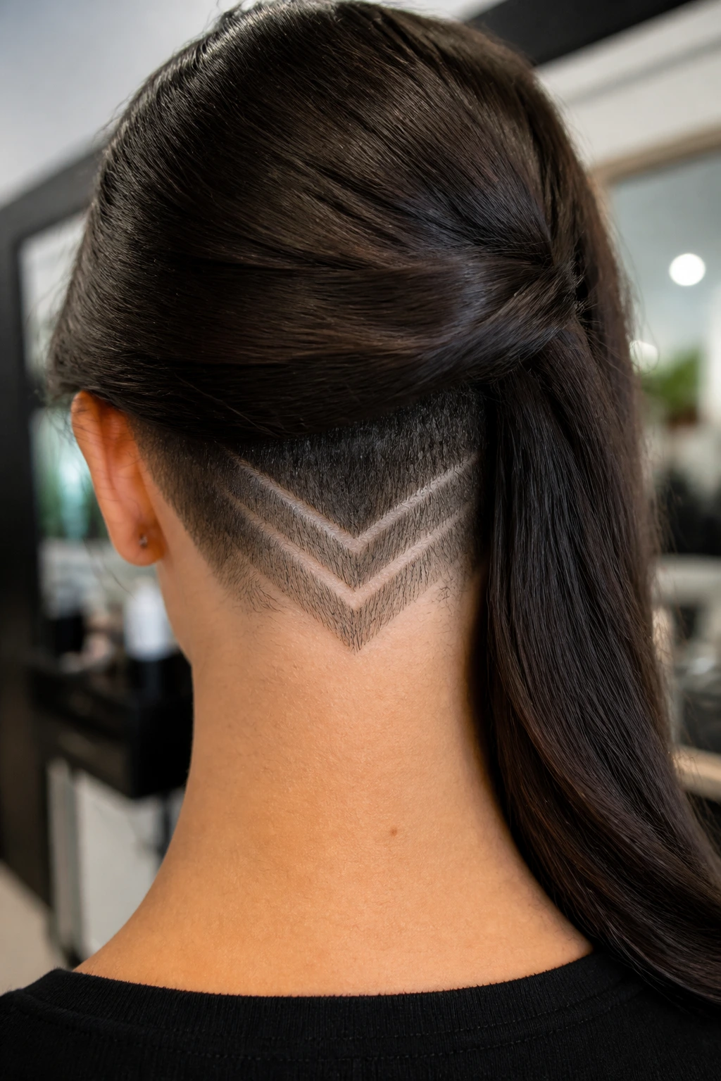 Back-of-neck close-up showing chevron nape design on a real woman