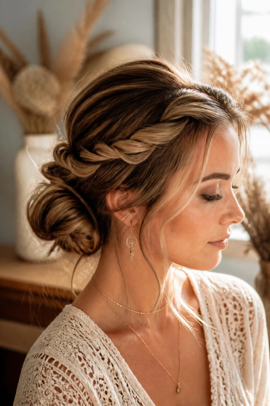 Close-up portrait of a real woman showing twisted crown chignon with loose twists at temples and a soft low chignon.