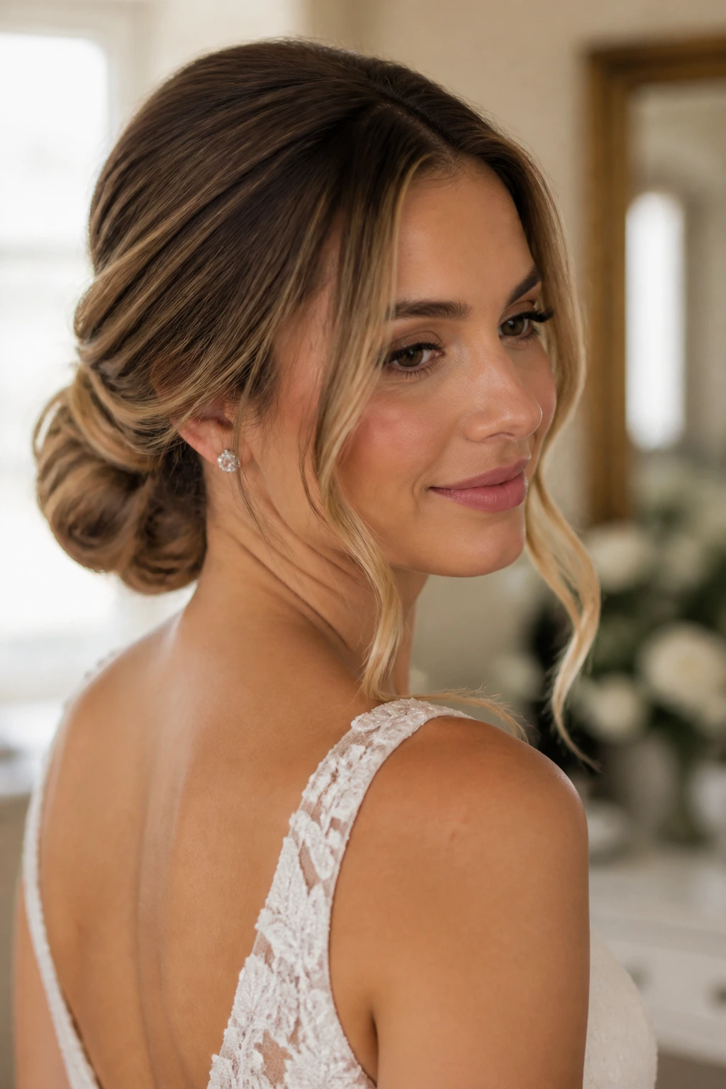 Close-up of a real bride wearing a soft low chignon with face-framing pieces