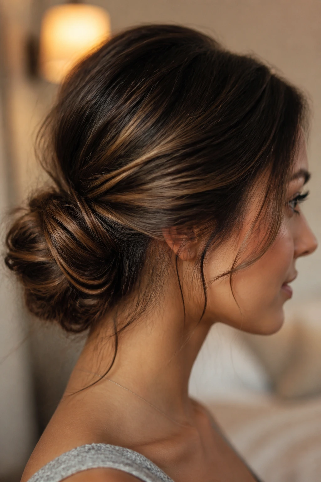 Soft chignon messy bun on a real person, low nape coil with loose sides
