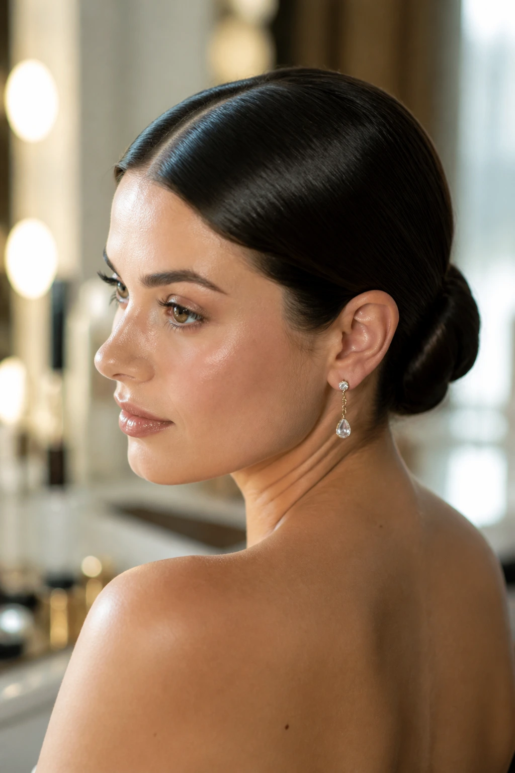Portrait of a woman with a glass-sleek low chignon and center part