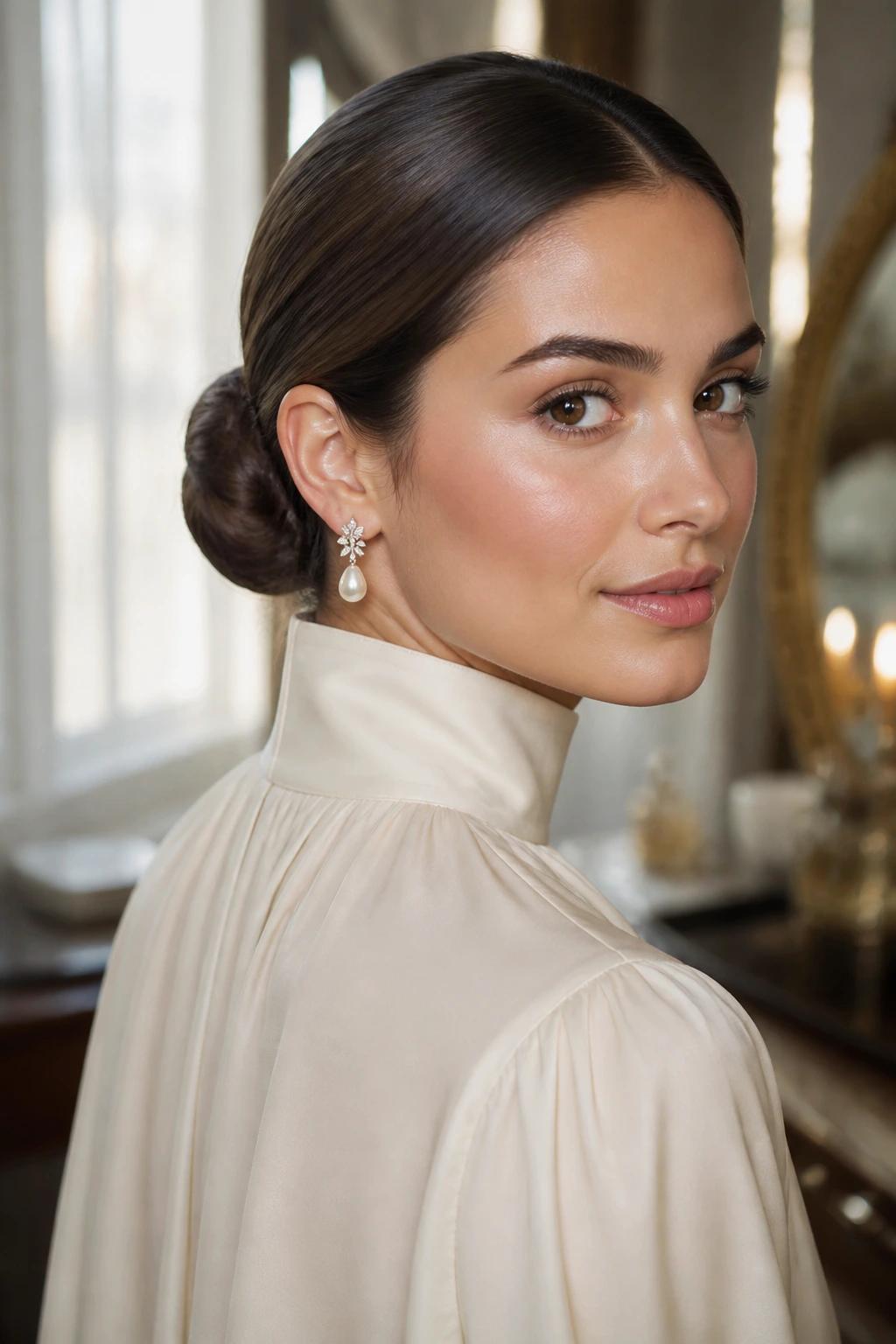 Close-up portrait of a woman with a low chignon, high-collar blouse, and earrings.