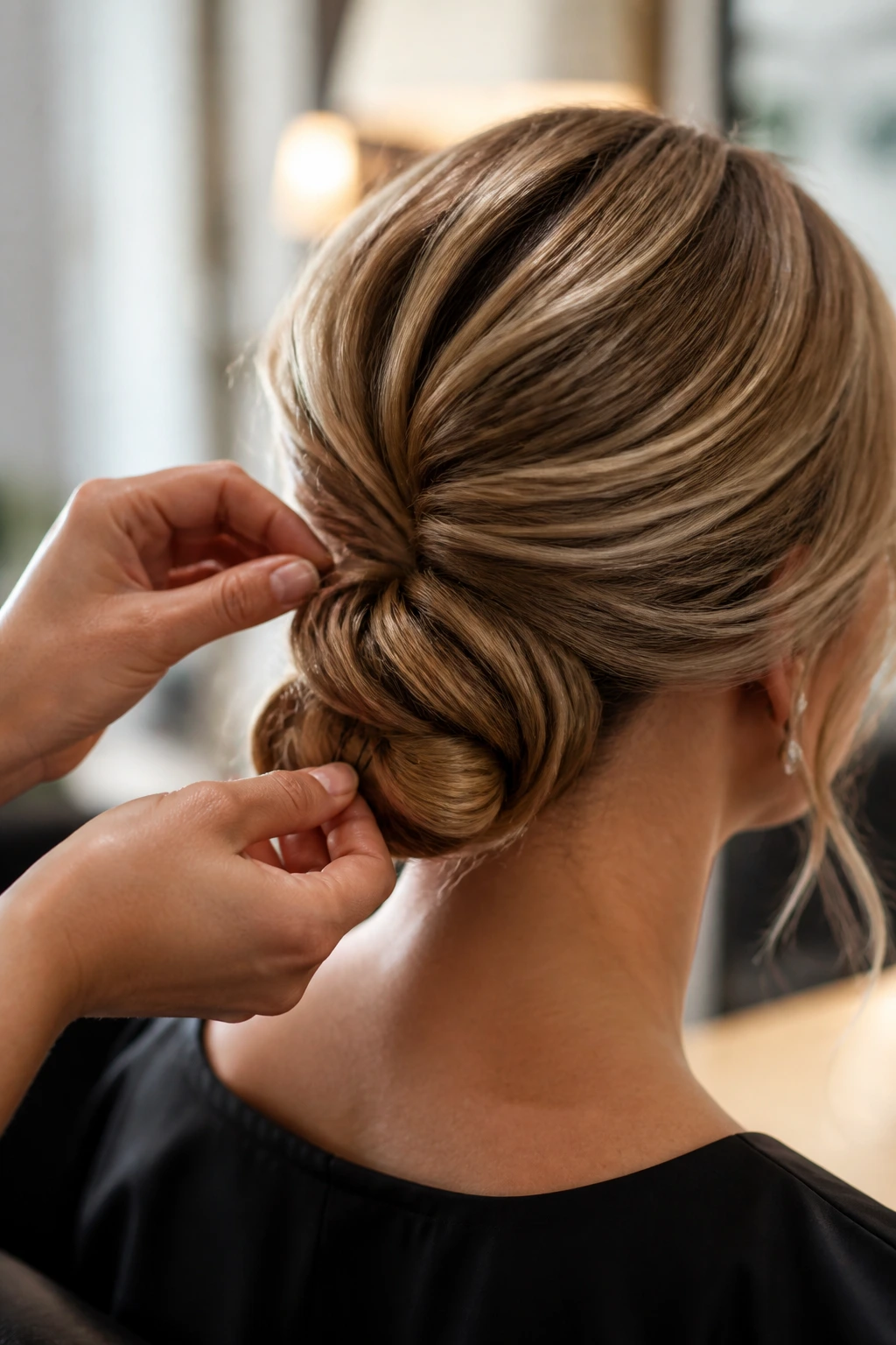 Hands pinning a low chignon from underneath in a salon