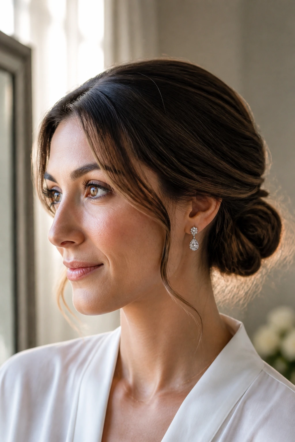 Close-up of a real woman with a refined chignon at the nape and soft hairline framing.