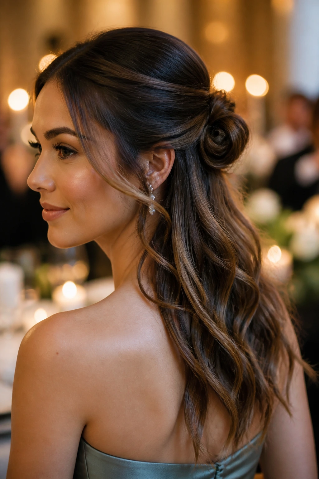Close-up of a real woman with chignon hybrid half-up hairstyle