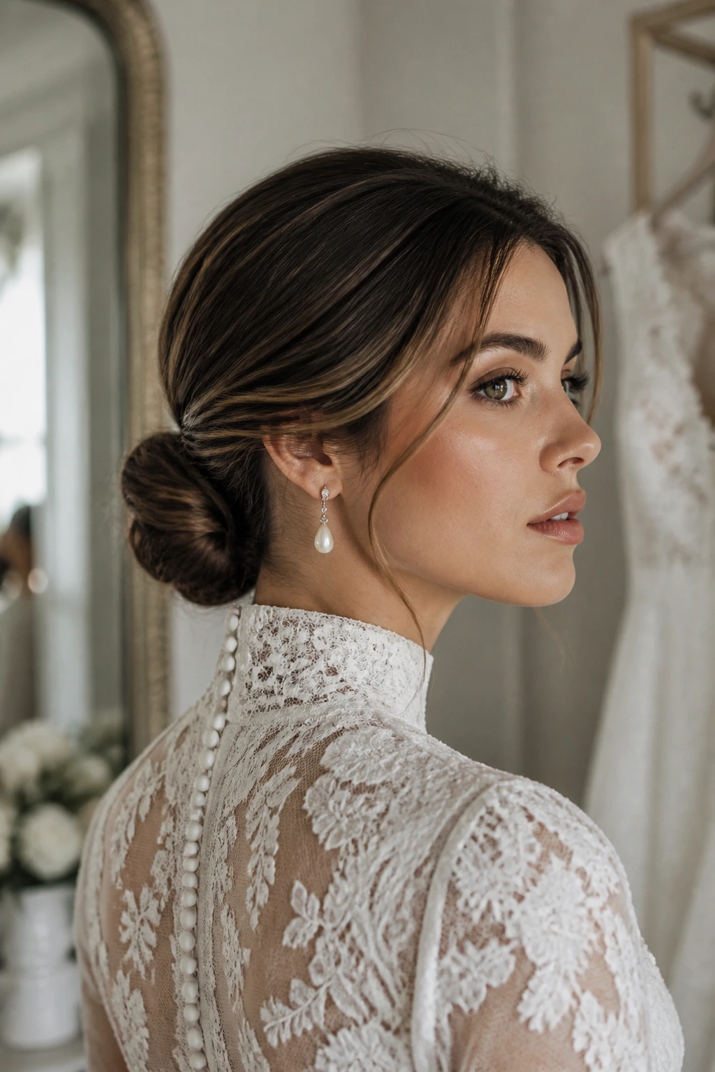 Close-up of a real bride with a low chignon under a high-neck gown