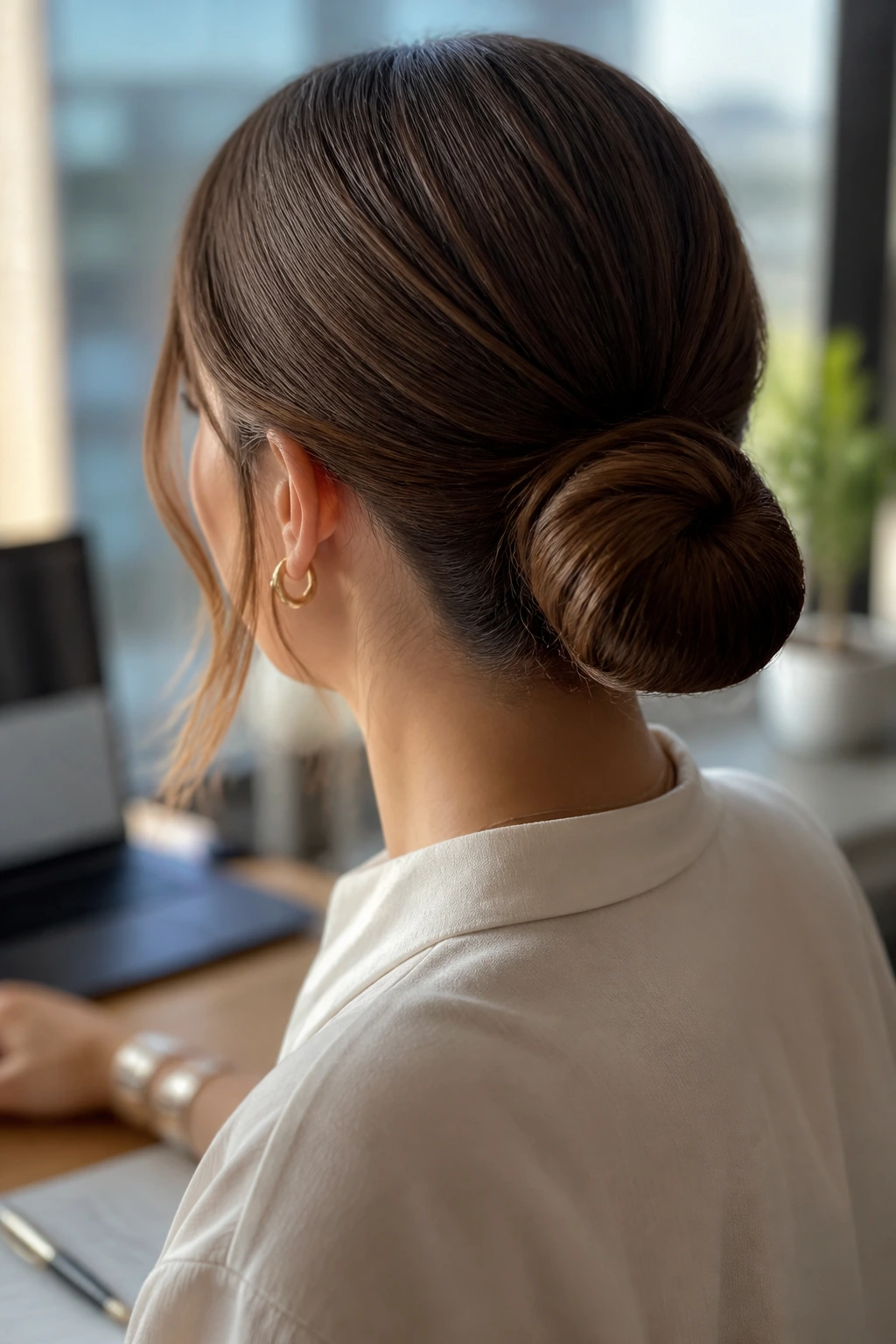 Real woman with a fresh-looking chignon in daylight at a desk