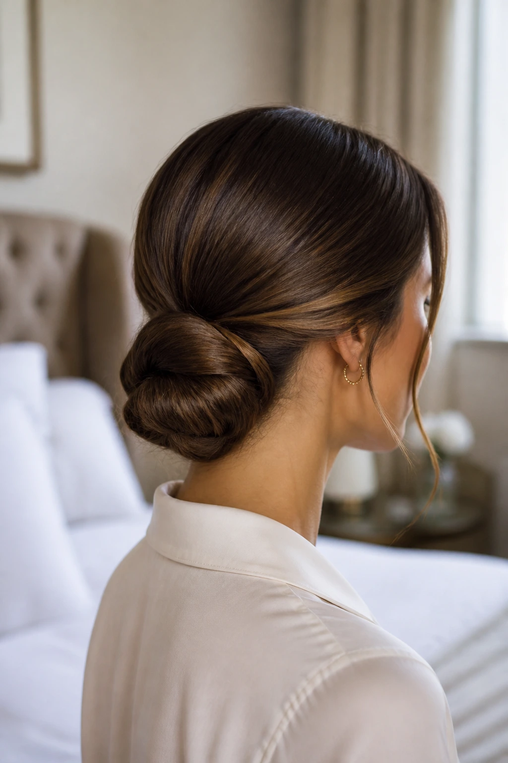 Close-up of a real woman with a polished low chignon at the nape in a sunlit bedroom