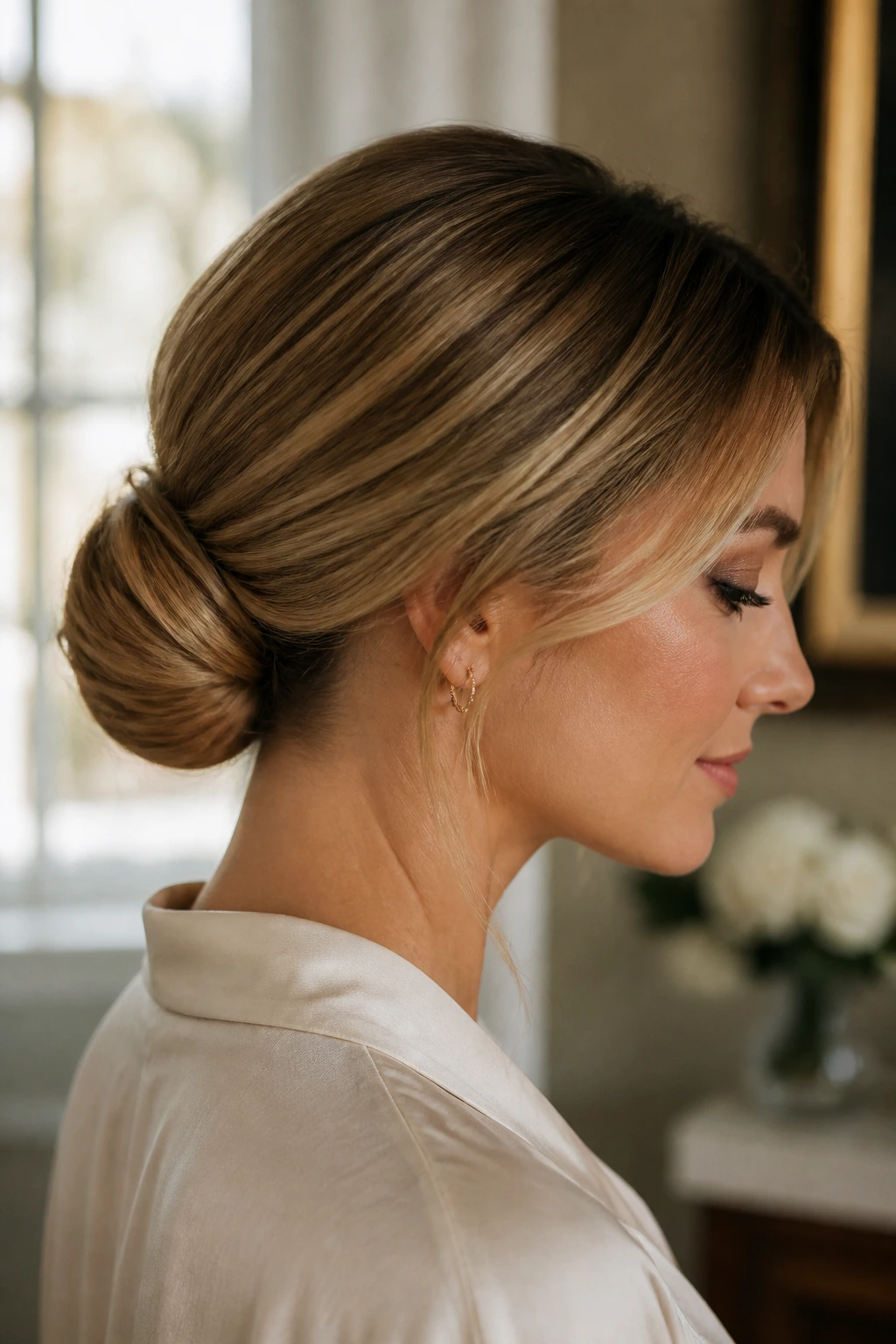 Real woman with a refined chignon at the nape of the neck.