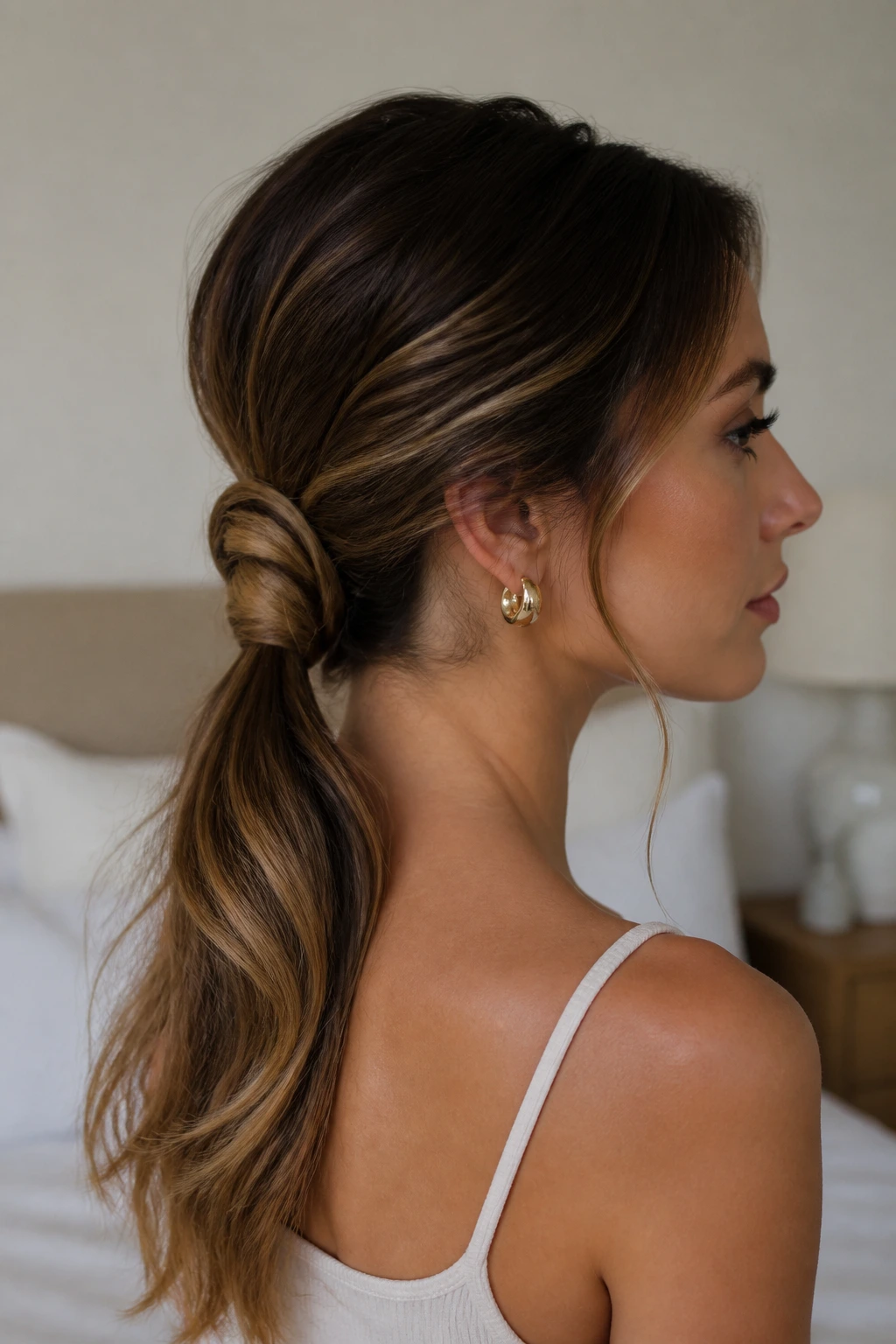 Close-up of a nape chignon with a low ponytail on a real person