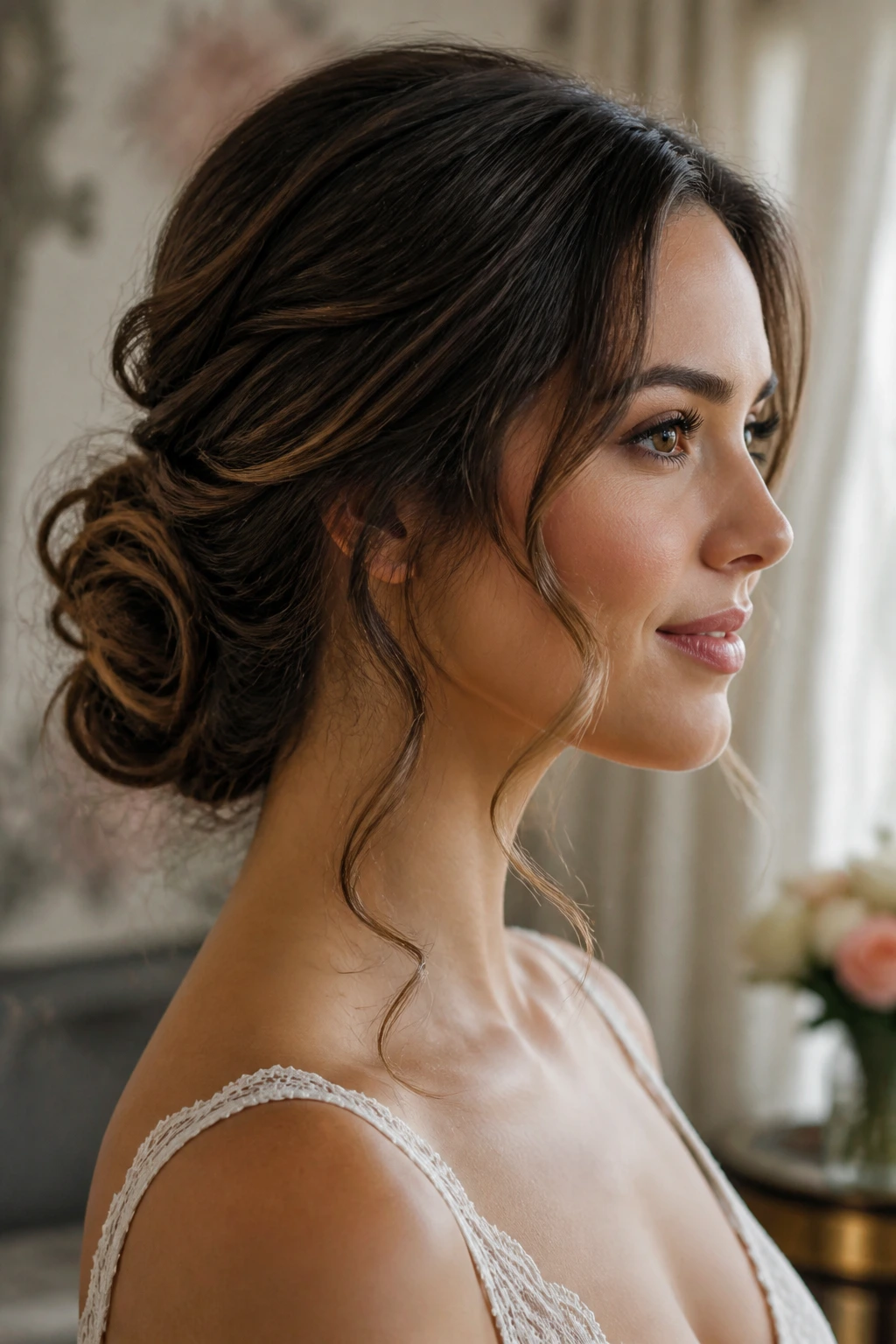 Close-up of a woman with a loose chignon and tendrils around her cheeks in soft light